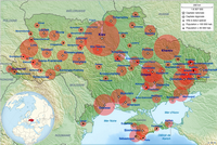 Carte de l'Ukraine avec la taille des villes en fonction du nombre d'habitant