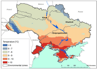 Carte de l'Ukraine avec les températures moyennes annuelles