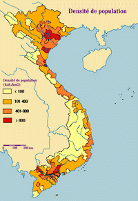 Carte du Vietnam avec la densité de population en habitant au km2