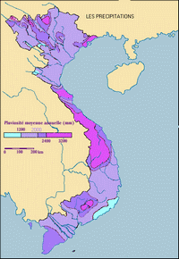 Carte du Vietnam avec les précipitations, la pluviosité moyenne annuelle en mm