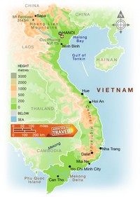 Carte du Vietnam avec les villes, le relief et l'altitude en mètre