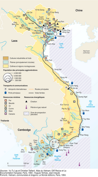 Carte du Vietnam avec les villes, cultures, les plaines, collines, les aéroports, les ports, les ressources minières et énergétiques