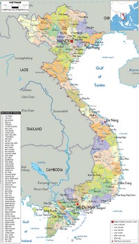 Carte du Vietnam avec la taille des villes, les provinces, les rivières, les routes principales et secondaires