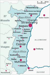 Carte de l'Alsace avec l'échelle en kilomètre et la taille des villes