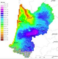 Carte de l'Aquitaine avec la vitesse moyenne du vent