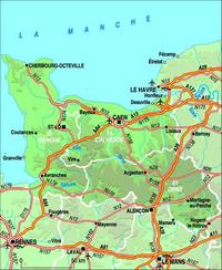 Carte de la Basse-Normandie avec les autoroutes, les nationales et les aéroports