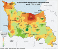 Carte de la Basse-Normandie avec l'évolution de la population de 1975 à 2008