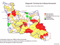 Carte de la Basse-Normandie avec les zones plus ou moins dotées de médecin