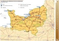 Carte de la Basse-Normandie avec les réseaux de transport, les aéropors et les ports