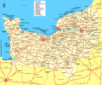 Carte de la Basse-Normandie avec les villes et les routes
