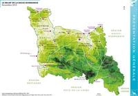 Carte de la Basse-Normandie avec les villes, les routes, le relief et l'échelle
