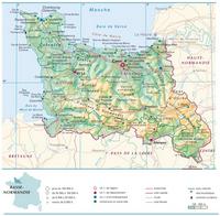 Carte de la Basse-Normandie avec les villes, les villages, la population, les routes, les autoroutes, le relief et l'altitude