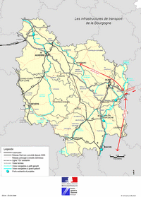 Carte de la Bourgogne avec les moyens de transport, les trains et les autoroutes