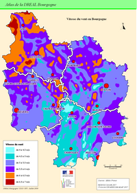 Carte de la Bourgogne avec la vitesse moyenne des vents