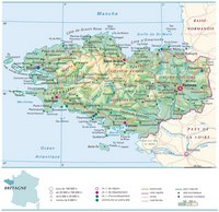 Carte de la Bretagne avec les villes, les villages, les routes, les autoroutes, le relief et l'altitude