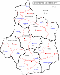 Carte du Centre avec les départements et les villes