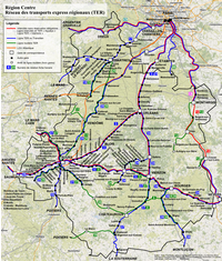 Carte du Centre avec les transports en train, les chemins de fer et les gares TER