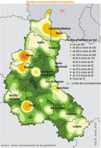 Carte de la Champagne-Ardenne avec la densité de population en 2010