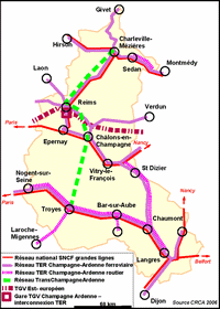 Carte de la Champagne-Ardenne avec les trains grandes lignes et les TER
