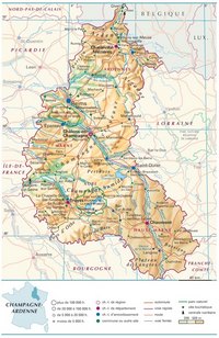 Carte de la Champagne-Ardenne avec les villes, les routes, les villages, les autoroutes, le relief et l'altitude
