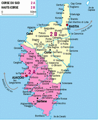 Carte de la Corse avec les départements et les villes