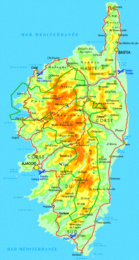 Carte de la Corse avec les villes, les aéroports et les sommets montagneux