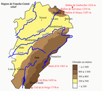 carte Franche-Comté relief altitude sommets