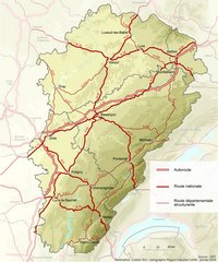 Carte de la Franche-Comté avec les routes, les autoroutes et les nationales