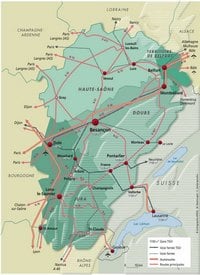 Carte de la Franche-Comté avec le TGV, les trains, les routes et les autoroutes