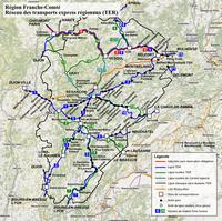 Carte de la Franche-Comté avec les trains et les gares TER