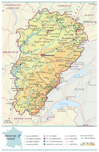 Carte de la Franche-Comté avec les villes, les communes, les transports, les sites touristiques et l'altitude