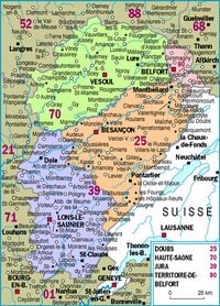 Carte de la Franche-Comté avec les villes et les départements