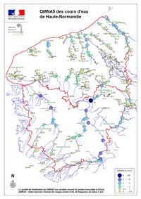 Carte de la Haute-Normandie avec les cours d'eau et le débit en m3/s