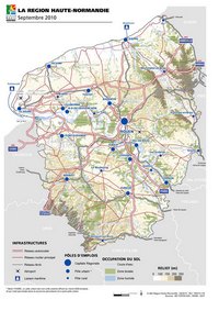 Carte de la Haute-Normandie avec les infrastructures routières, les pôles d'emplois, l'occupation du sol et le relief