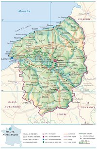 Carte de la Haute-Normandie avec les villes, les routes, les transports, les chemins de fer, le relief et l'altitude