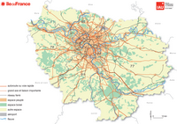 Carte de l'ile de france avec les autoroutes, les voies rapides, les grands axes et le réseau ferré