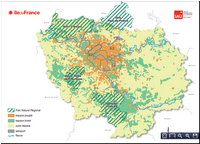 Carte de l'île-de-France avec les parcs PNR, les espaces boisés ou peuplés, les aéroports et les fleuves