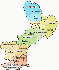 Carte du Languedoc Roussillon avec les départements en couleurs