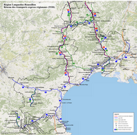 Carte du Languedoc-Roussillon avec les trains grandes lignes et les gares TER