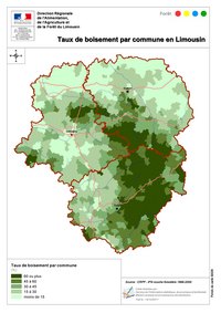 Carte du Limousin avec le taux de boisement par commune