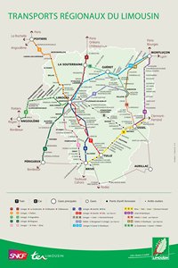 Carte du Limousin avec les transports en train, les gares et les cars