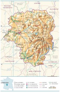 Carte du Limousin avec les villes, les routes, les autoroutes, les sites touristiques, le relief et l'altitude