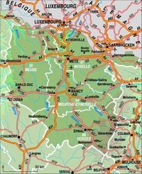 Carte de la Lorraine avec les routes, les départements et les gares TGV