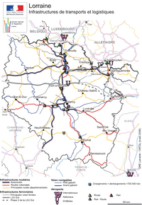 Carte de la Lorraine avec les transports, les autoroutes, les nationales, et les infrastructures ferroviaires