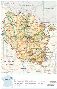 Carte de la Lorraine avec les villes, la population, les routes, les autoroutes, les parcs, le relief et l'altitude