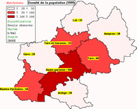 Carte des Midi-Pyrénées avec la densité de population en 1999