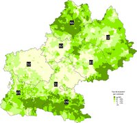 Carte des Midi-Pyrénées avec les forêts et le taux de boisement