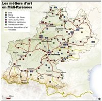 Carte des Midi-Pyrénées avec les métiers d'art