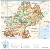 Carte des Midi-Pyrénées avec les villes, les routes, la population, le relief et l'altitude