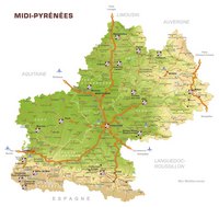 Carte des Midi-Pyrénées avec les routes et les informations touristiques